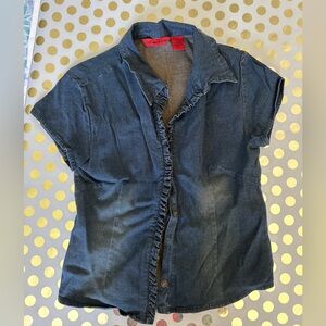 Chic Denim Ruffle Collar Shirt